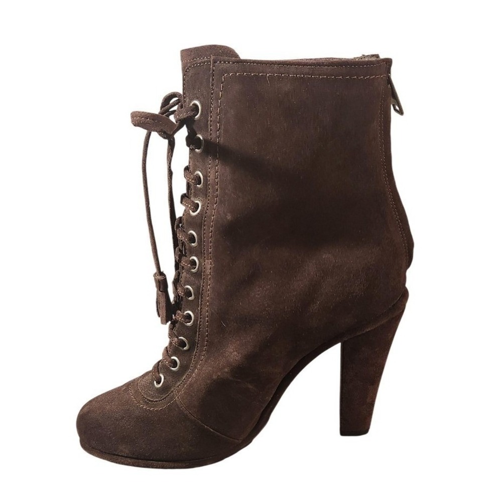 AllSaints Boots Womens Size 9‎ Brown Suede Grimsby High Block Heel Zips Lug Sole